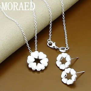 925 Silver Heart Necklace Earrings Set for Woman