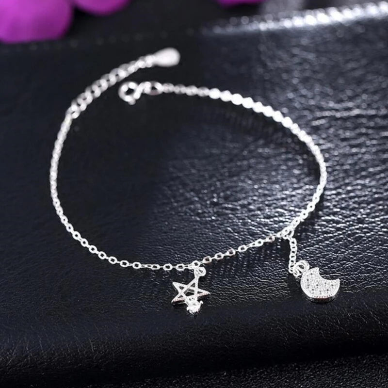 925 Sterling Ladies Silver Anklet Bracelets With Constellation Symbol Pendant