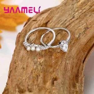 925 Silver 2 Finger Rings Cubic Zircon+Pearl Crystal Jewelry
