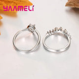 925 Silver 2 Finger Rings Cubic Zircon+Pearl Crystal Jewelry