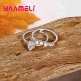 925 Silver 2 Finger Rings Cubic Zircon+Pearl Crystal Jewelry