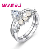 925 Silver 2 Finger Rings Cubic Zircon+Pearl Crystal Jewelry