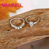 925 Silver 2 Finger Rings Cubic Zircon+Pearl Crystal Jewelry