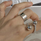 925 Silver Bead Ring for Women Girl Woven Chain Hiphop Adj