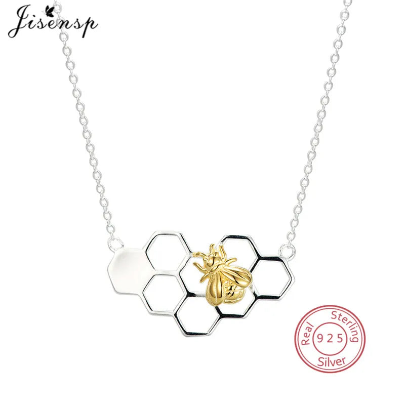 925 Silver Bee Honeycomb Necklace for Women