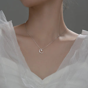 925 Silver Moon Star CZ Pendant Necklace For Women Girls