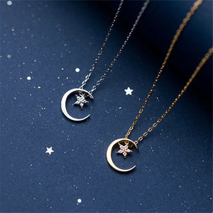925 Silver Moon Star CZ Pendant Necklace For Women Girls