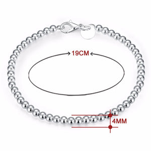 925 Sterling Silver 4mm Smooth Round Beads Charm Bracelet Women Jewelry Gift