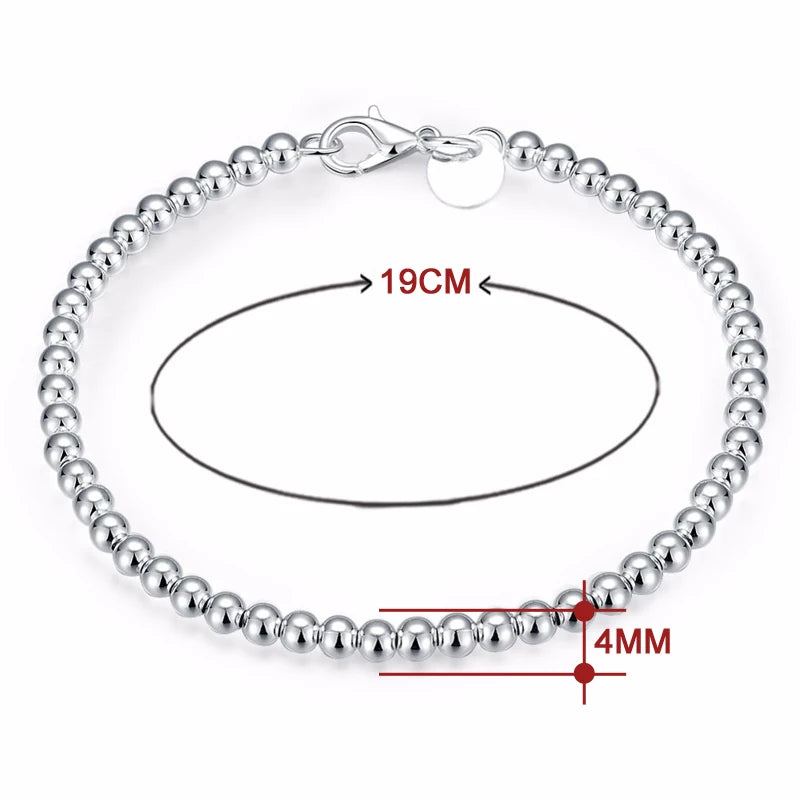 925 Sterling Silver 4mm Smooth Round Beads Charm Bracelet Women Jewelry Gift