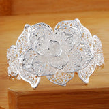 925 Sterling Silver Geometric Flower Big Bangles Women Jewelry