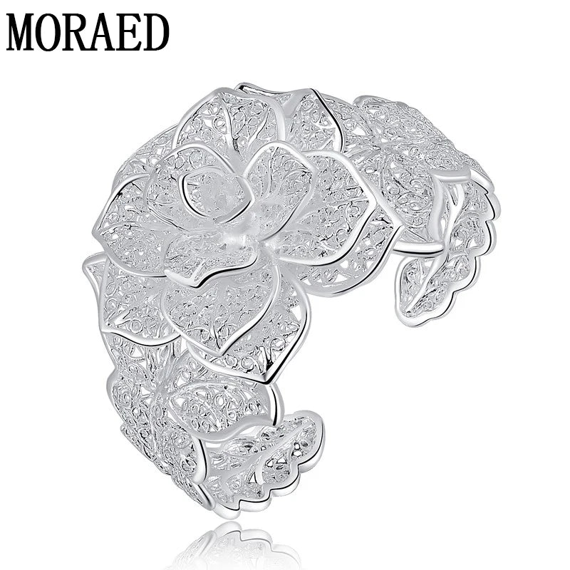 925 Sterling Silver Geometric Flower Big Bangles Women Jewelry