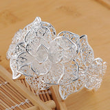 925 Sterling Silver Geometric Flower Big Bangles Women Jewelry