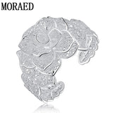 925 Sterling Silver Geometric Flower Big Bangles Women Jewelry