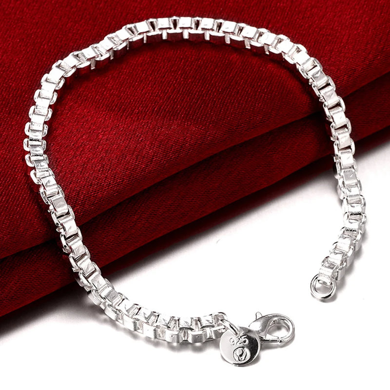 925 Sterling Silver Square 3mm Box Chain Bracelet Women Men Charm Jewelry