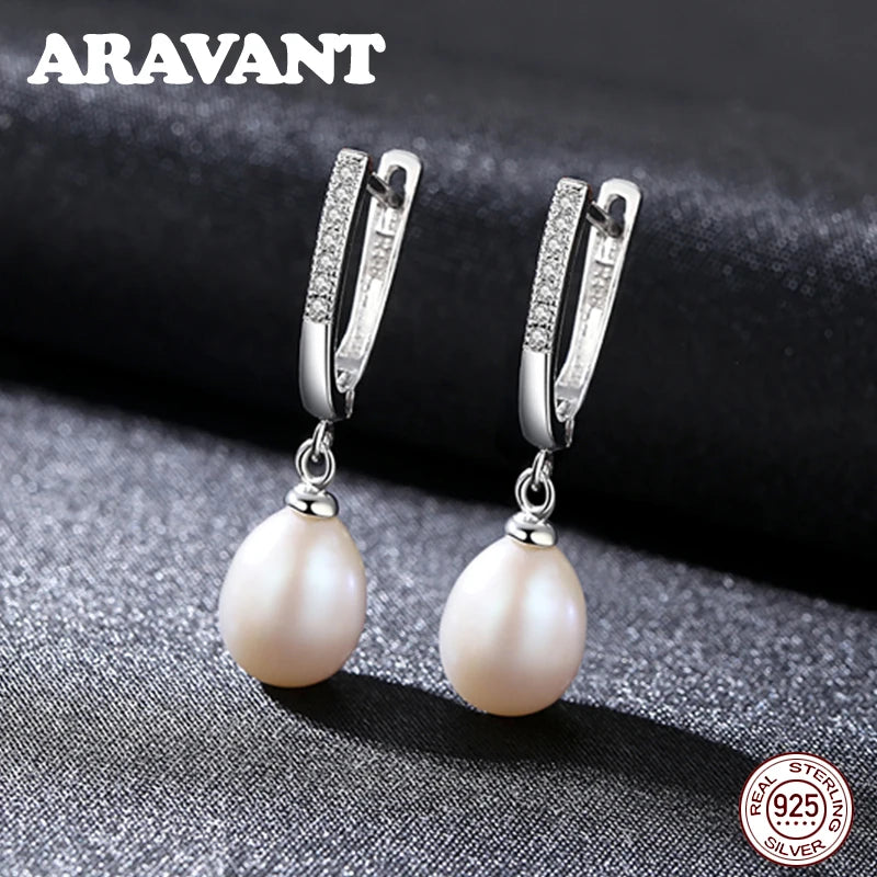 925 Sterling Silver Pearl Drop Earrings with Cubic Zircon Wedding Jewelry