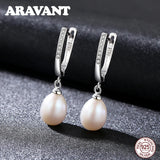 925 Sterling Silver Pearl Drop Earrings with Cubic Zircon Wedding Jewelry
