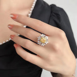 Big Bling Citrine Stone Silver CZ Ring for Women
