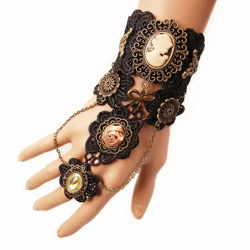Steampunk Lace Finger Connect Bracelet with Metal Parts