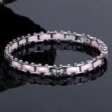 Pink Ceramic Bracelet with CZ Crystal, Stainless Steel Bangle