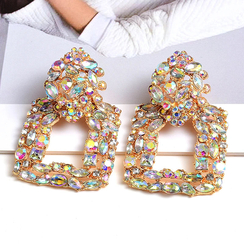 Colorful Crystal Square Metal Drop Earrings