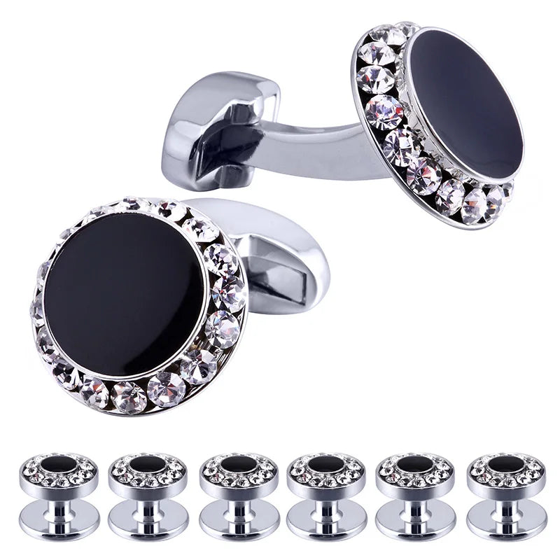 Classic Enamel&Crystal Cufflinks & Studs Set for Men - Tuxedo Shirt Jewelry