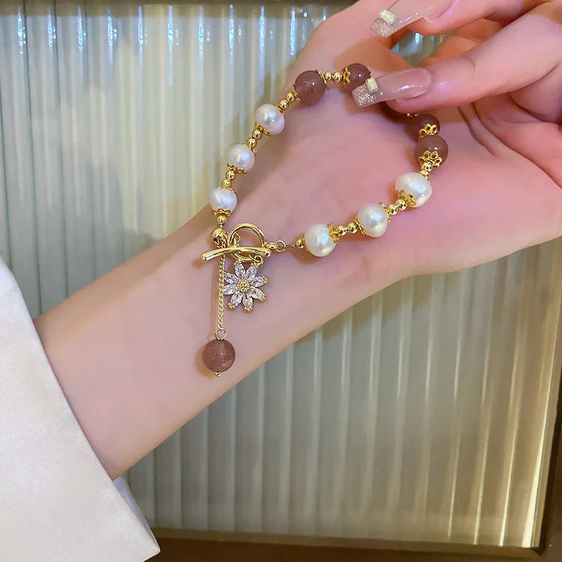 Sunflower Freshwater Pearl & Strawberry Quartz Bracelet