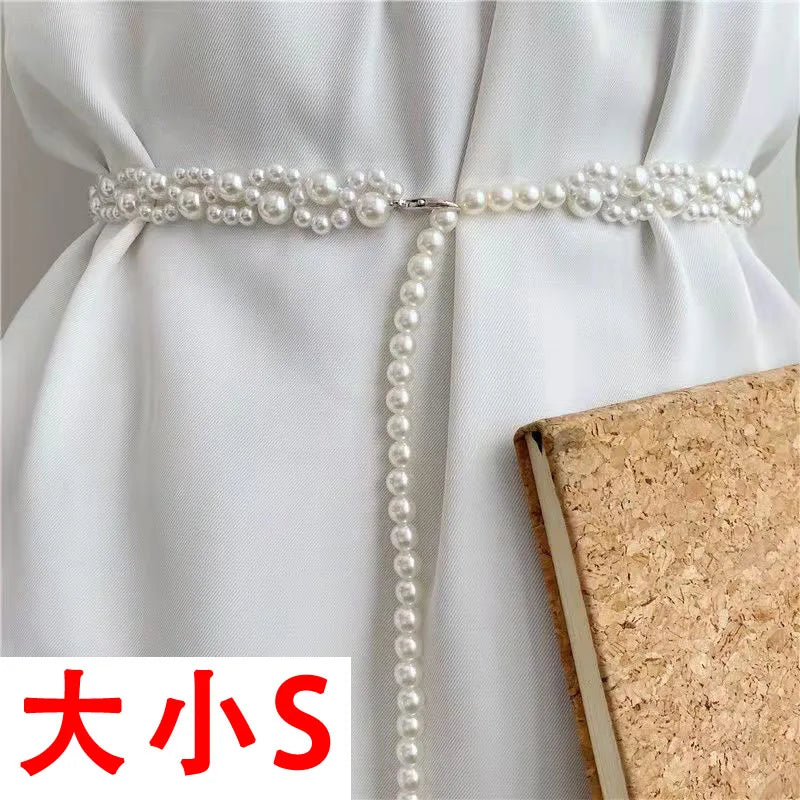 Women Pearl Belt Waist Belt Crystal Strap Pearl Wedding Chain Belt 339