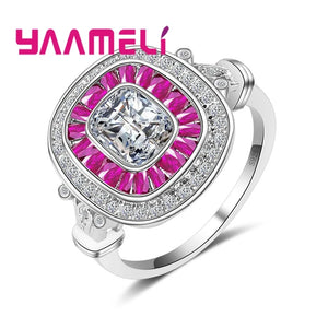 Square Red Crystal 925 Sterling Silver Ring Women Wedding Jewelry
