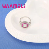 Square Red Crystal 925 Sterling Silver Ring Women Wedding Jewelry