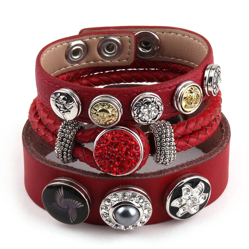 3pc/set Metal Button Red Leather Bracelets For Women