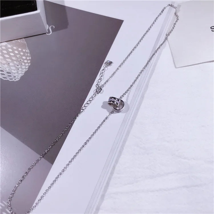 Double Zircon Circles Pendant 925 Sterling Silver Necklace