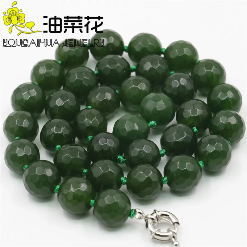 12mm Faceted Army Green Beads Necklace Natural Stone 18inch