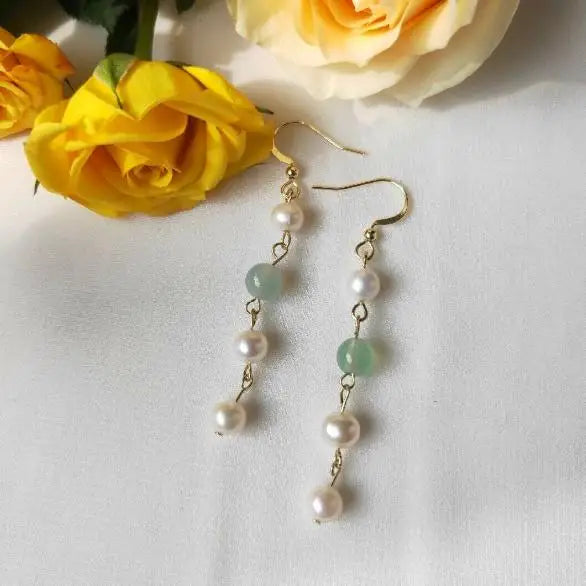 Green Jade Dangle Earrings Real Freshwater Pearls Lady Gift