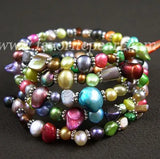 4-Row Rainbow Freshwater Pearl Bracelet 3-8mm Bangle Fine Jewelry