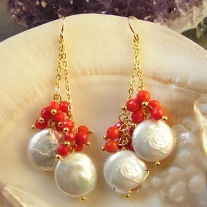 Red Coral Coin Freshwater Pearl Earrings