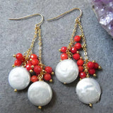 Red Coral Coin Freshwater Pearl Earrings