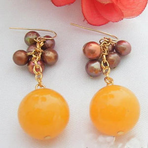 Brown Pearl Yellow Jade Earrings S925 Sterling Silver Dangle Women Jewelry
