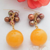 Brown Pearl Yellow Jade Earrings S925 Sterling Silver Dangle Women Jewelry