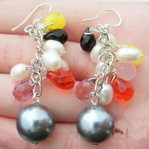 Multi Crystal Pearl Dangle Earrings Silver Hook Lady Gift