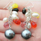 Multi Crystal Pearl Dangle Earrings Silver Hook Lady Gift