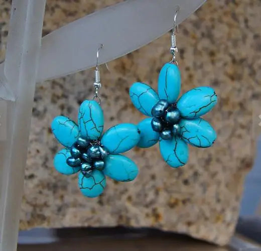 Silver Turquoise Flower Dangle Earrings for Women
