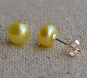Yellow Freshwater Pearl Silver Stud Earrings
