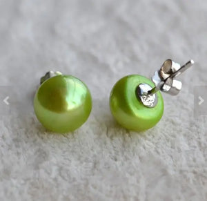 9mm Green Freshwater Pearl Stud 925 Silver Earrings Wedding Birthday