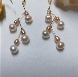 Pink Rice Freshwater Pearl Silver Wire Dangle Earrings
