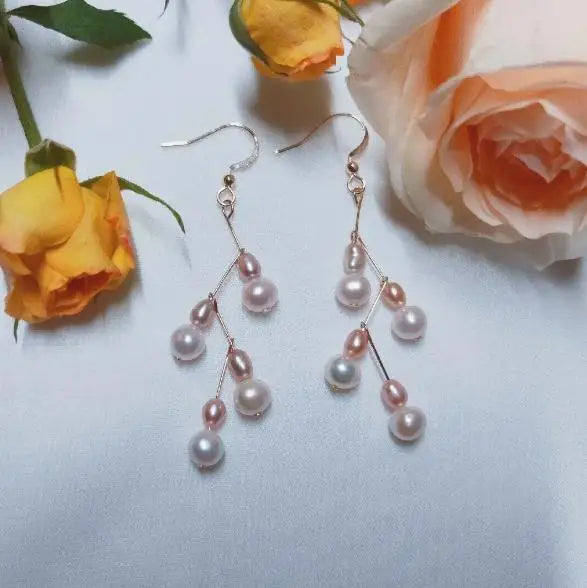 Pink Rice Freshwater Pearl Silver Wire Dangle Earrings