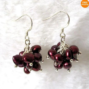 Dark Red Pearl Dangle Earrings S925 Silver Hook