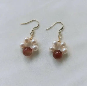 Real Pearl Earring Red Agate Silver Dangle Earrings