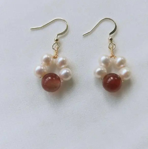 Real Pearl Earring Red Agate Silver Dangle Earrings
