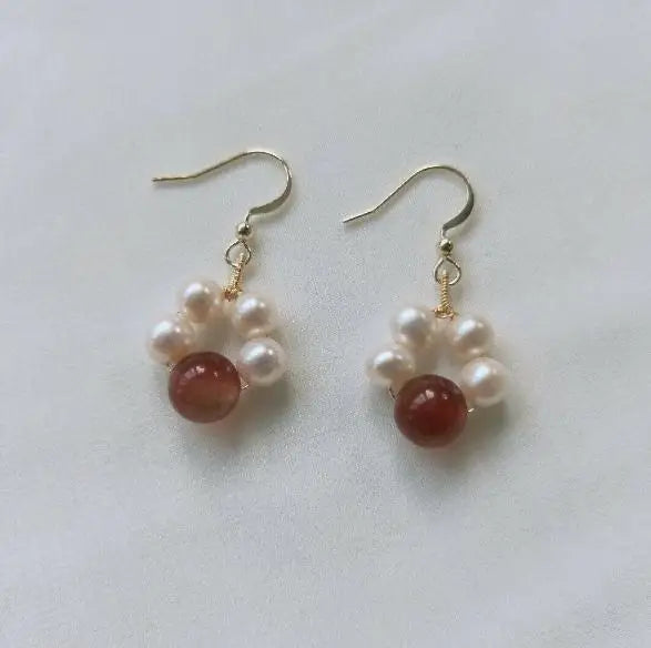 Real Pearl Earring Red Agate Silver Dangle Earrings