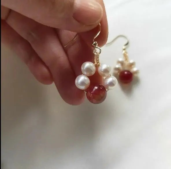 Real Pearl Earring Red Agate Silver Dangle Earrings